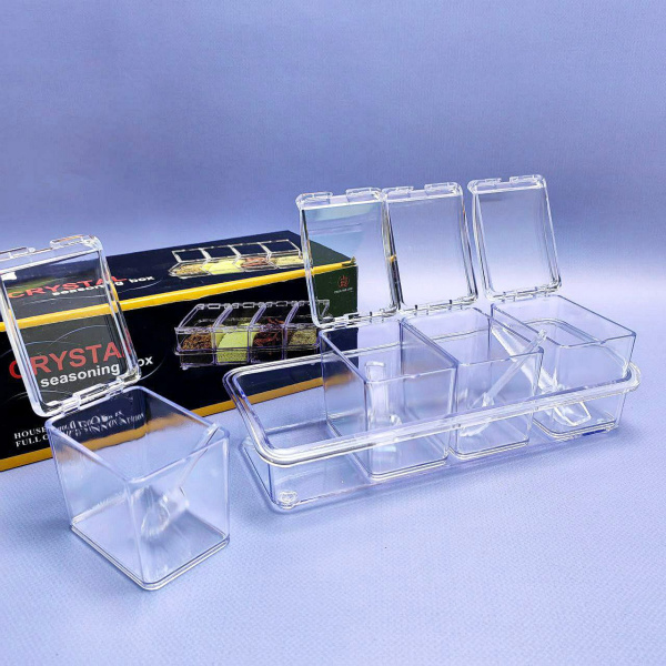 Набор баночек для специй 4 шт. с ложечками Crystal BOX / Органайзер для специй на подставке